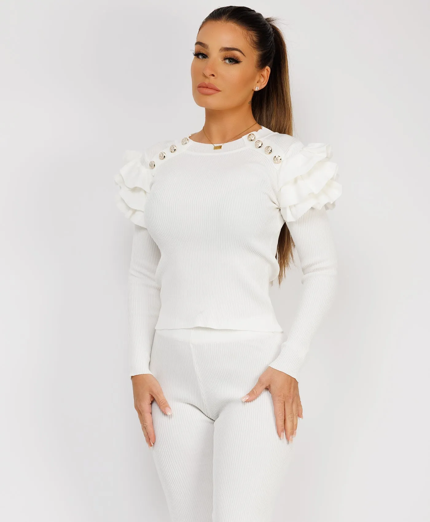 White Ribbed Knitted Ruffle Button Loungewear Set