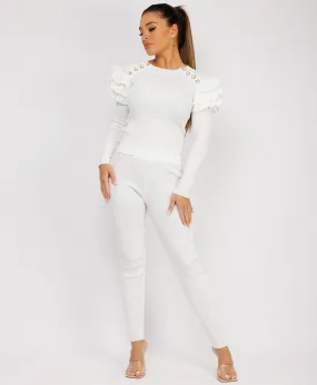 White Ribbed Knitted Ruffle Button Loungewear Set