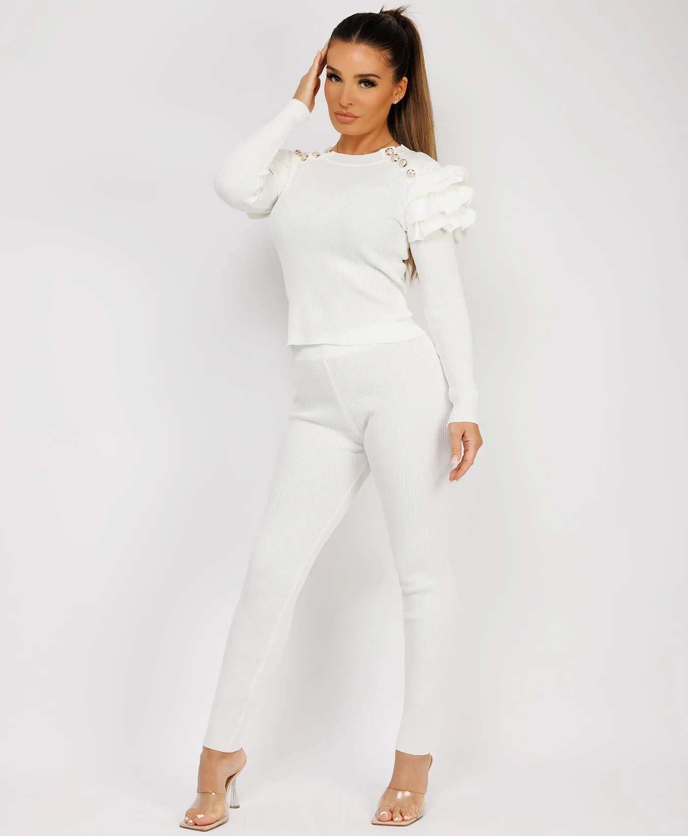 White Ribbed Knitted Ruffle Button Loungewear Set