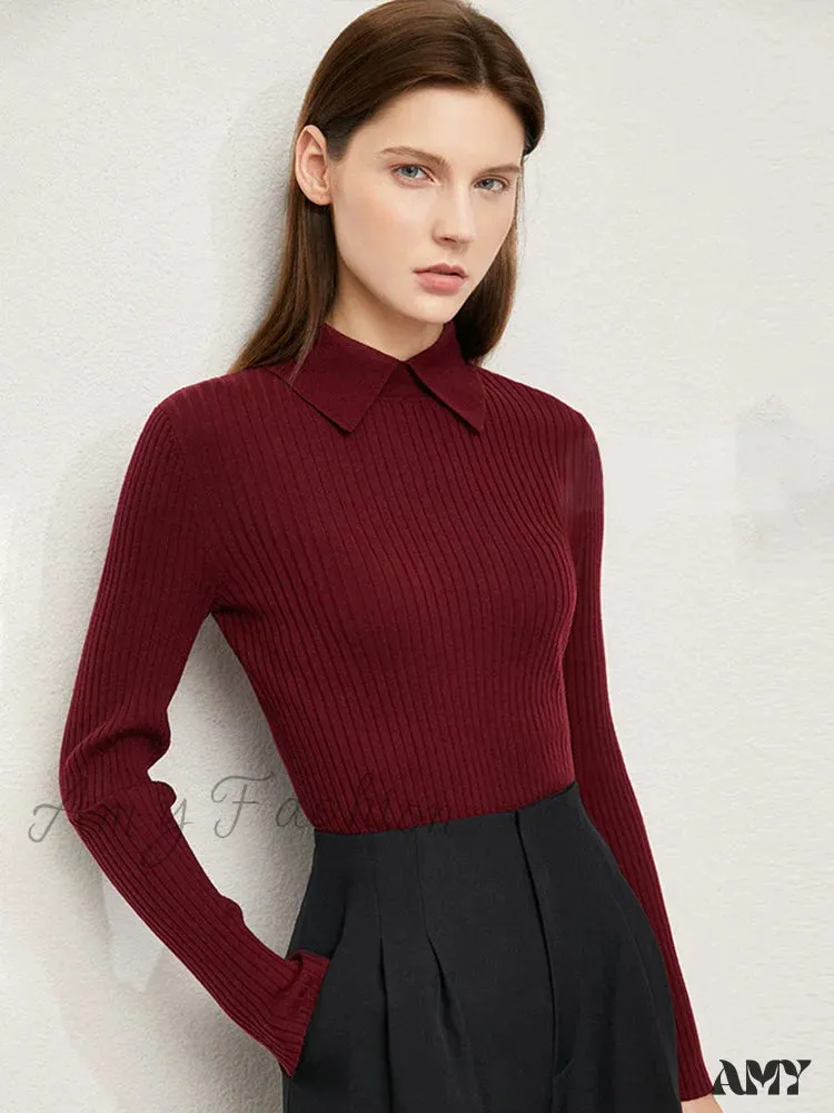 Women's Fashion Polo Collar Wool Pullover Long Sleeve Knitted Office Lady Sweater