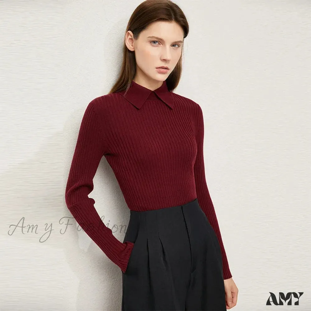 Women's Fashion Polo Collar Wool Pullover Long Sleeve Knitted Office Lady Sweater