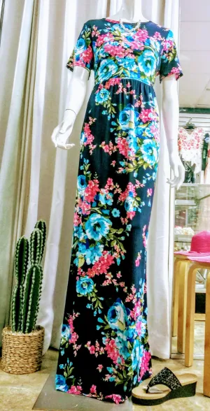 Women's Maxi Dresses Navy - Navy & Teal Floral Racerback Maxi Dress - Women