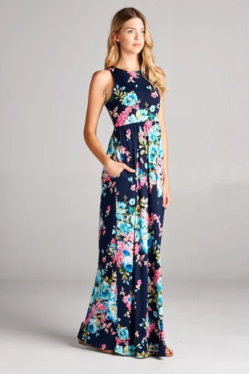 Women's Maxi Dresses Navy - Navy & Teal Floral Racerback Maxi Dress - Women