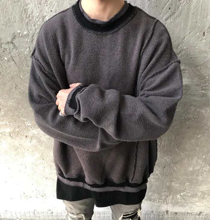 XS-6XL Men Oversize Cross Stitching Raw Edge Round Neck Pullover Sweatshirt