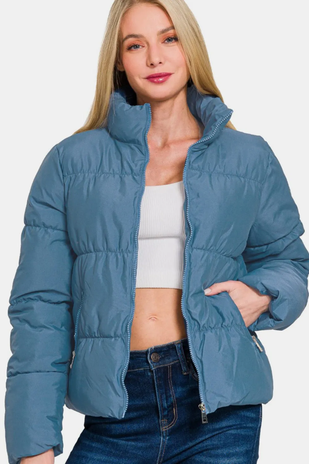 Zenana Zip Up Turtleneck Puffer Jacket with Pockets